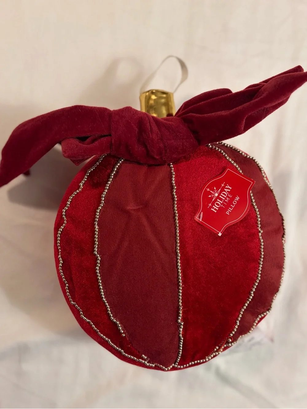 Holiday Time Red Velvet Ornament Pillow with Bow 10” New with Flaw